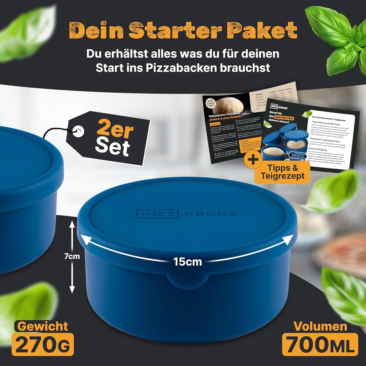 2er-Set Pizzaballenbox mit Deckel, 2 Stück blau