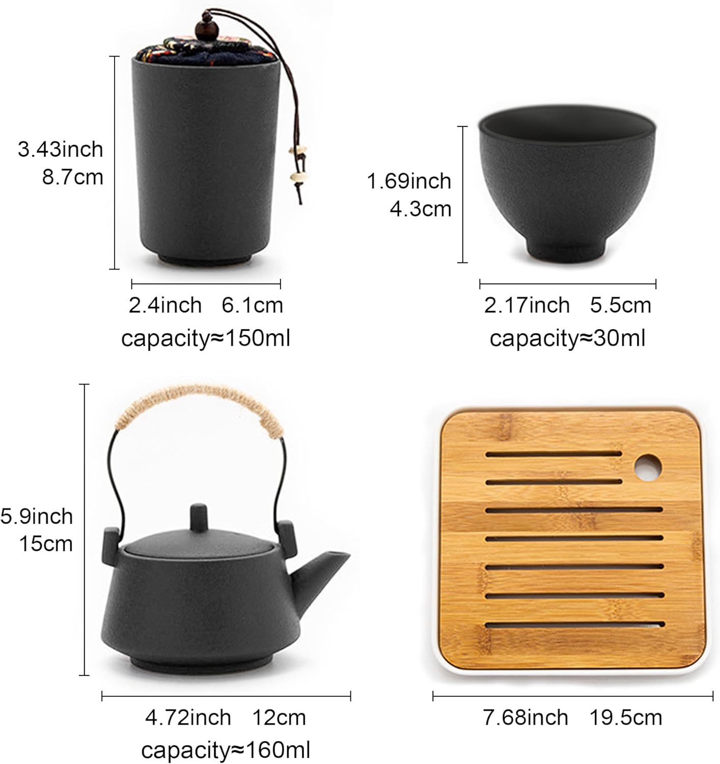 Reise Tee Set mit Teekanne und Reisetasche, Schwarz