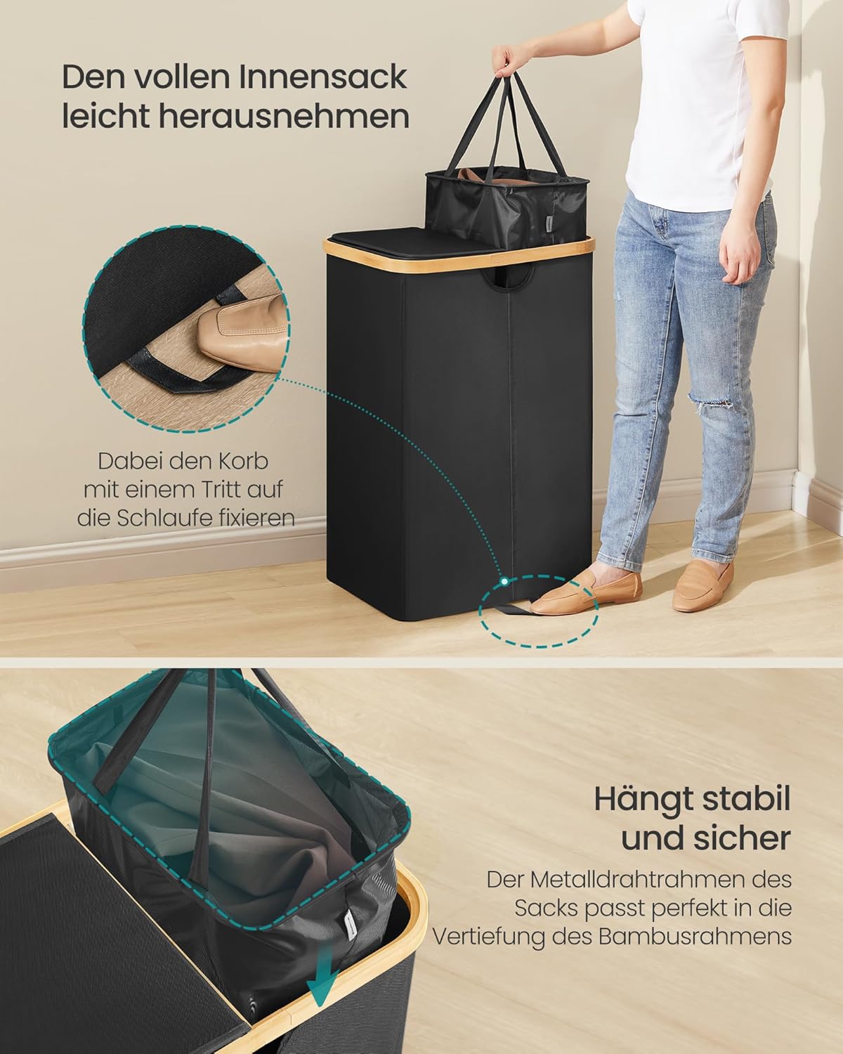 Wäschekorb mit 2 Fächern und Deckel, Tintenschwarz + Naturbeige
