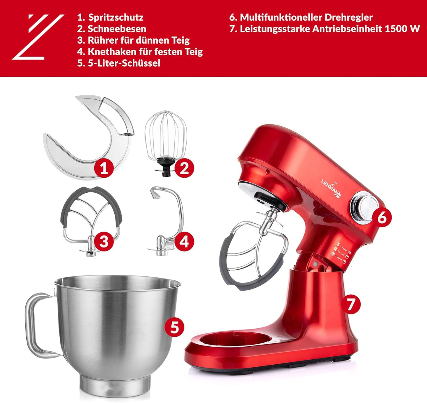 Küchenmaschine mit Zubehör-Set, Rot