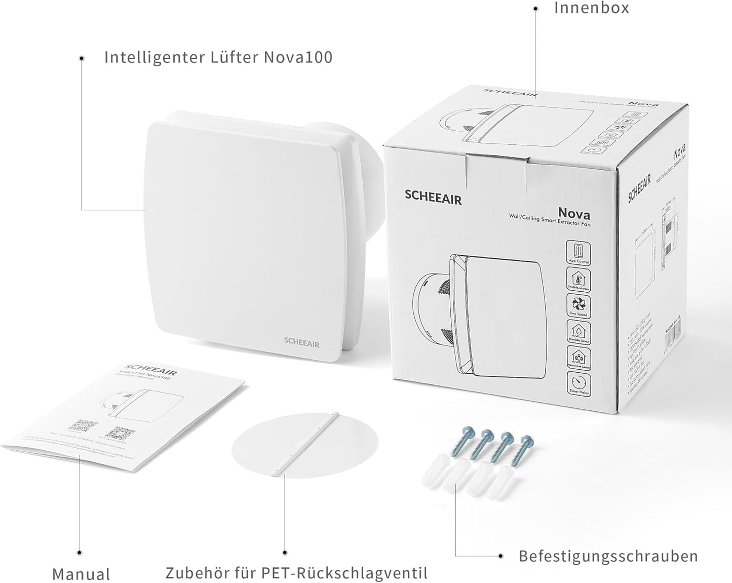 Nova100 Smart WiFi Badlüfter mit Feuchtigkeitssensor, Weiß