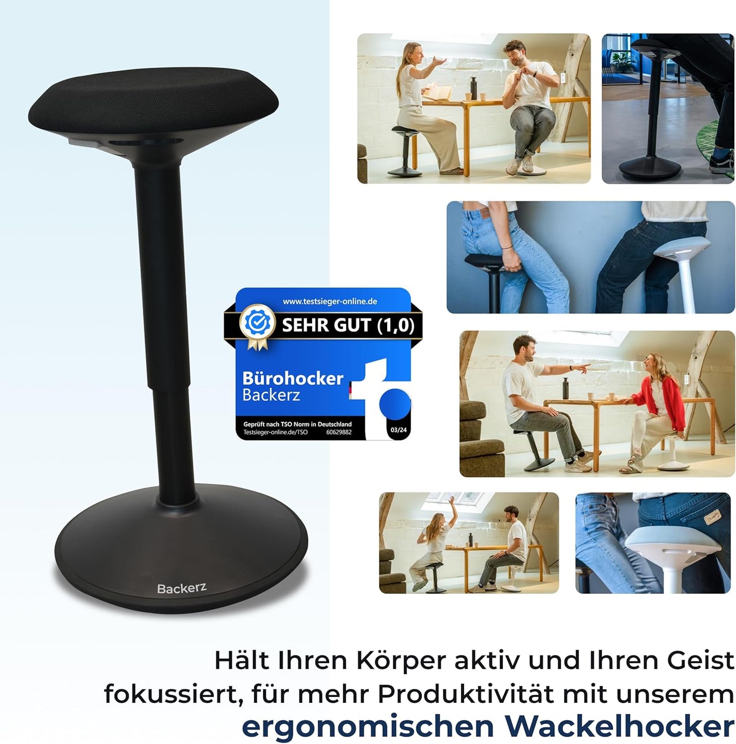 Ergonomischer Bürohocker mit Schwingeffekt, 40-60 cm Matte Black