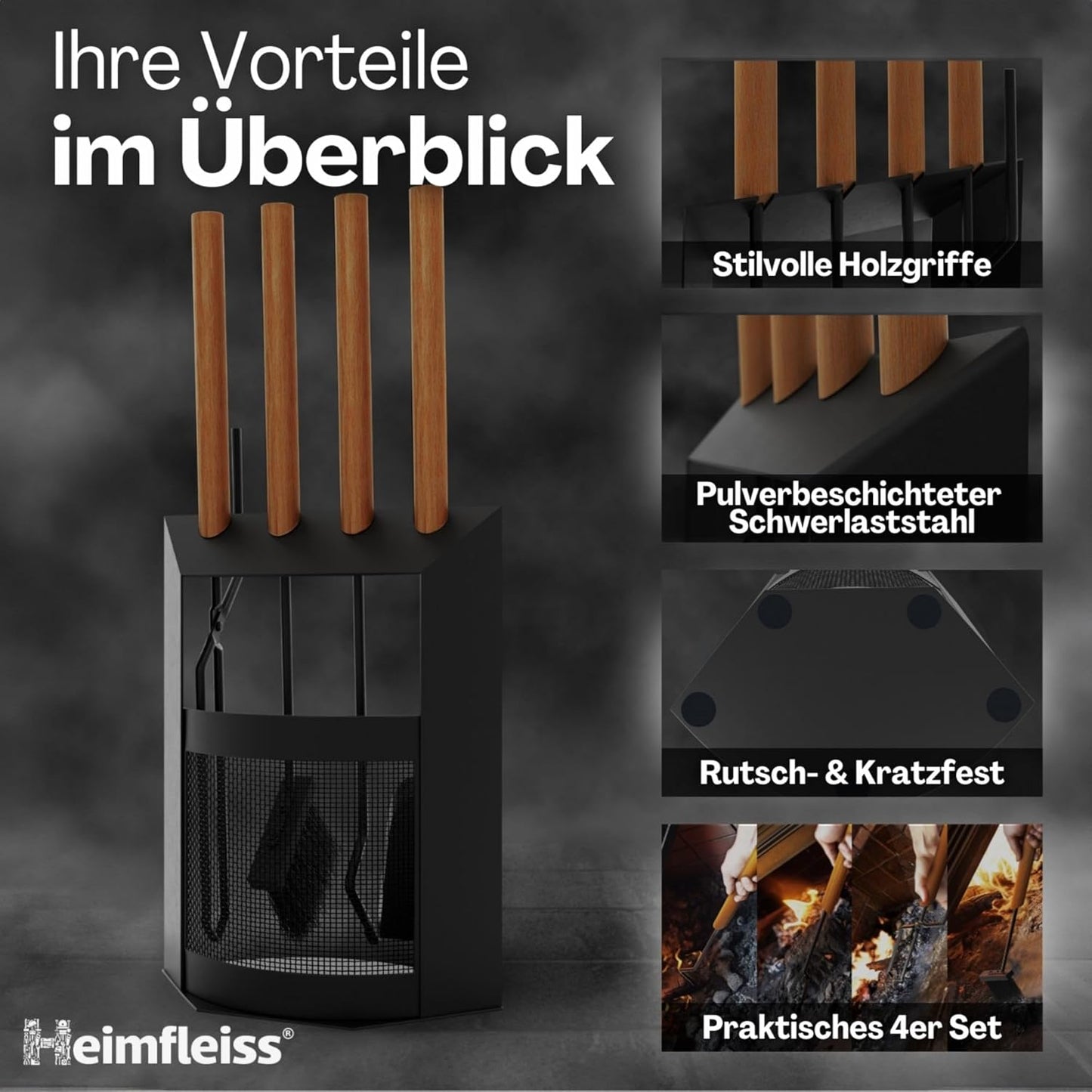 Kaminbesteck-Set mit Holzgriffen, Schwarz mit Holzgriffen - Design 40