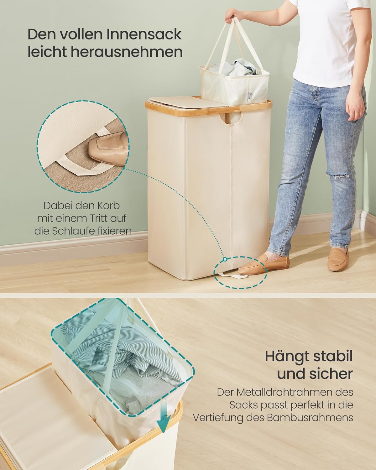 Wäschesortierer mit 2 Fächern, 150 Liter, Cremeweiss + Naturbeige