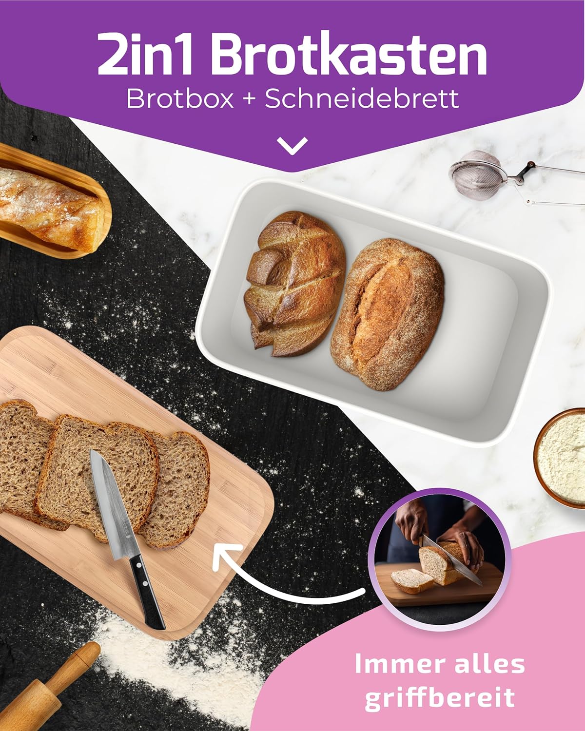 2-in1 Brotbox mit Bambusdeckel & Brotbeutel, Weiss