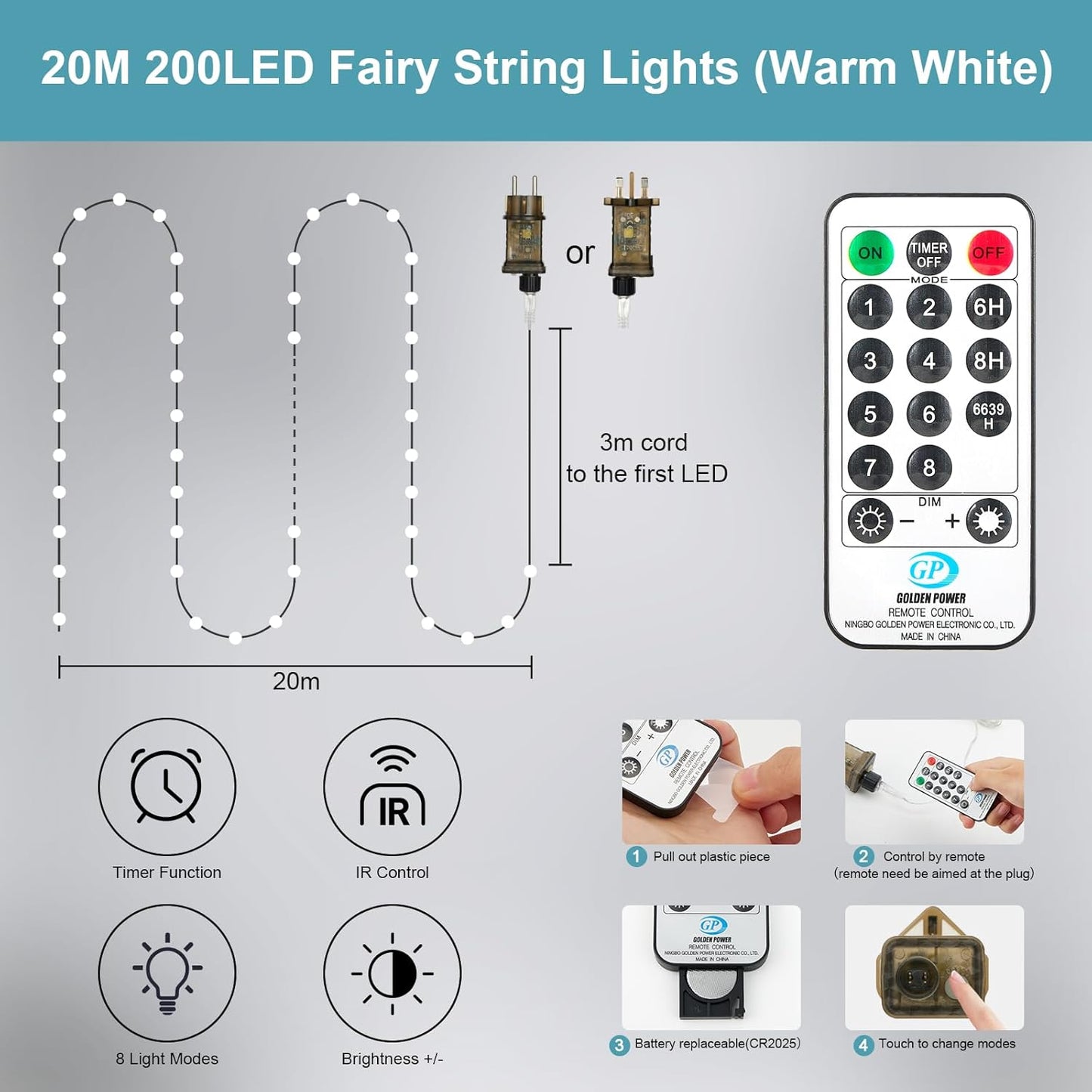 2 x LED Lichterketten mit 8 Leuchtmodi, 2 Stück / Kaltweiss