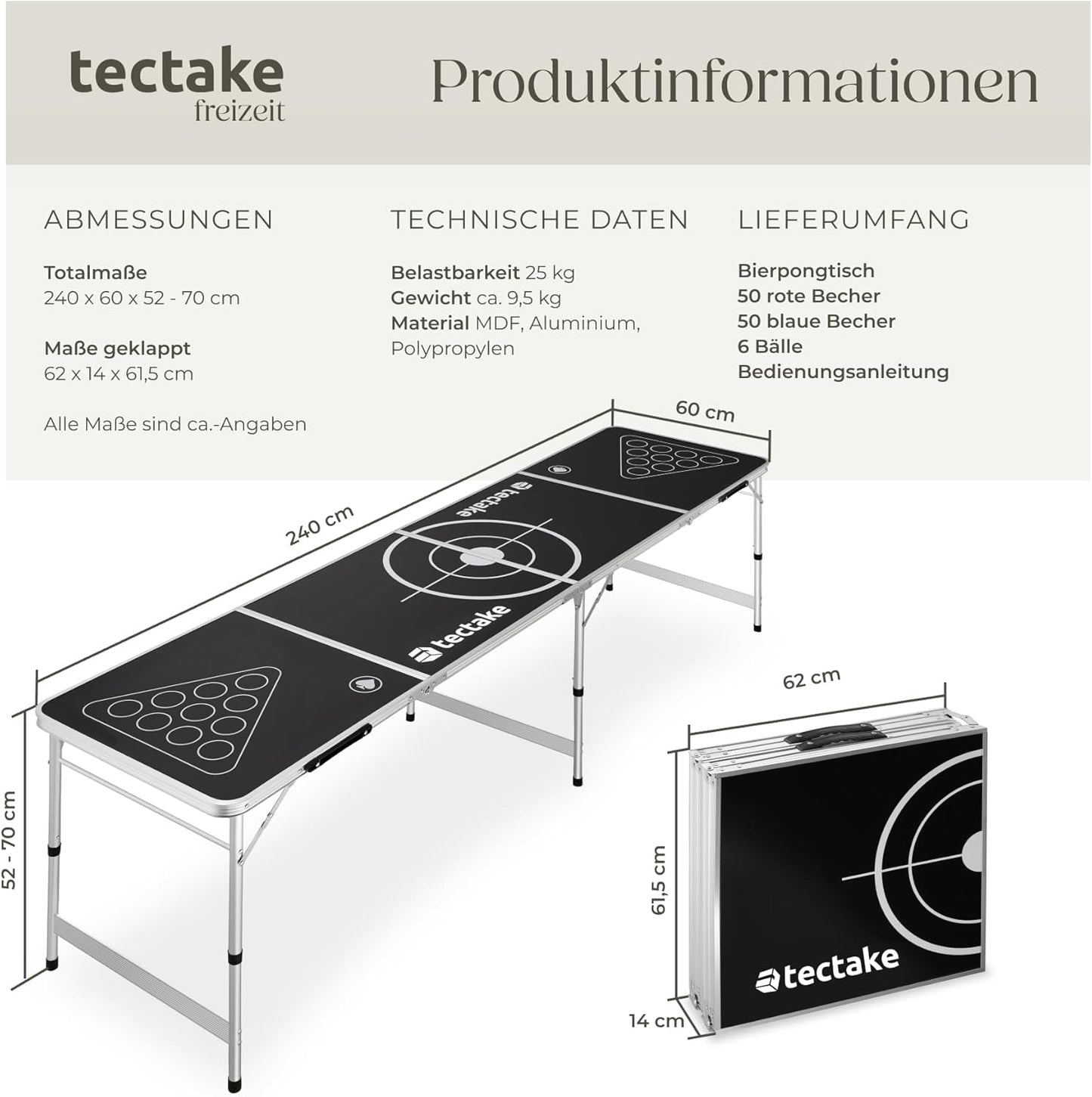 Beer Pong Tisch inkl. 100 Becher und 6 Bälle, Brew Battle