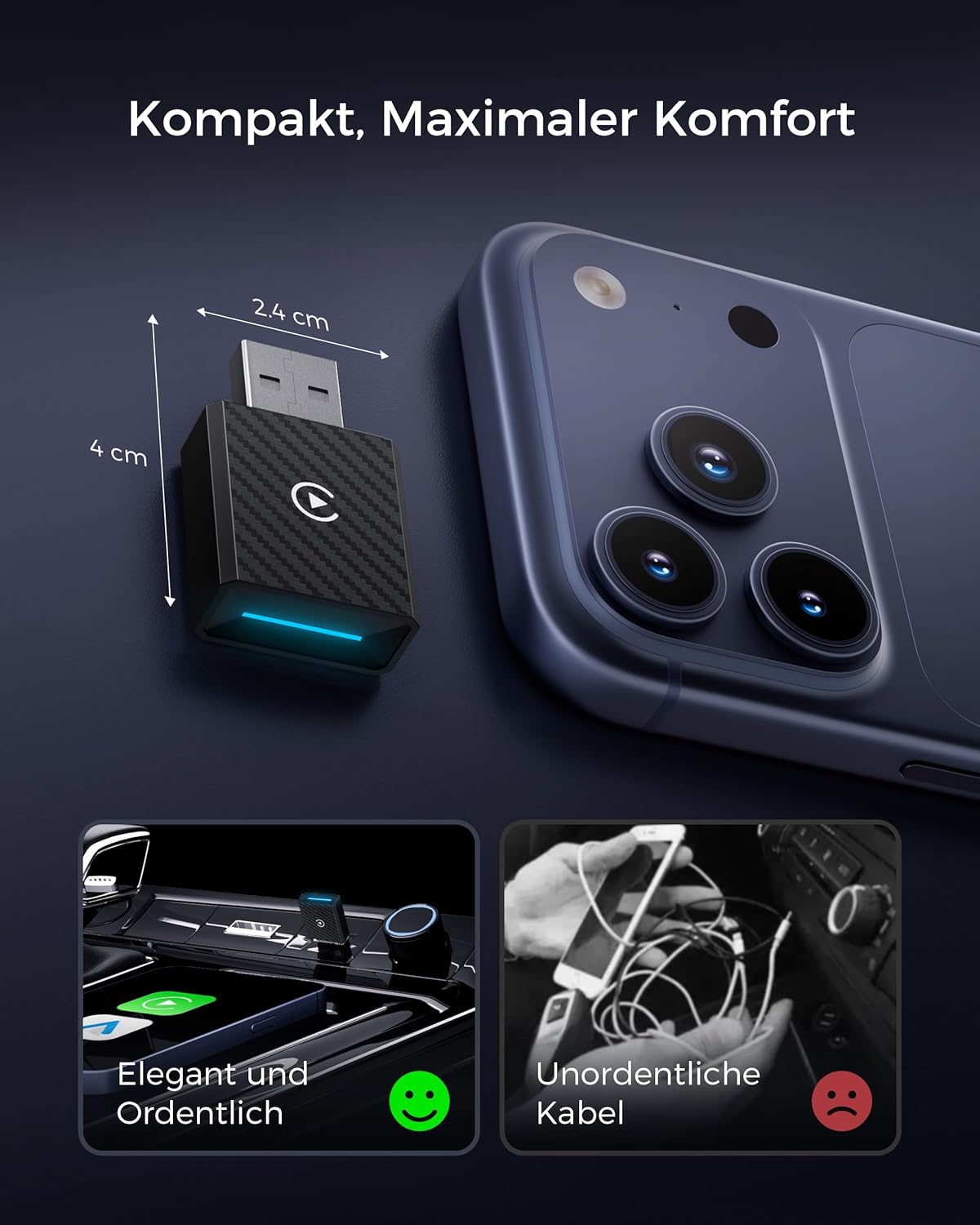 2-in-1 CarPlay & Android Auto Wireless Adapter, Schwarz