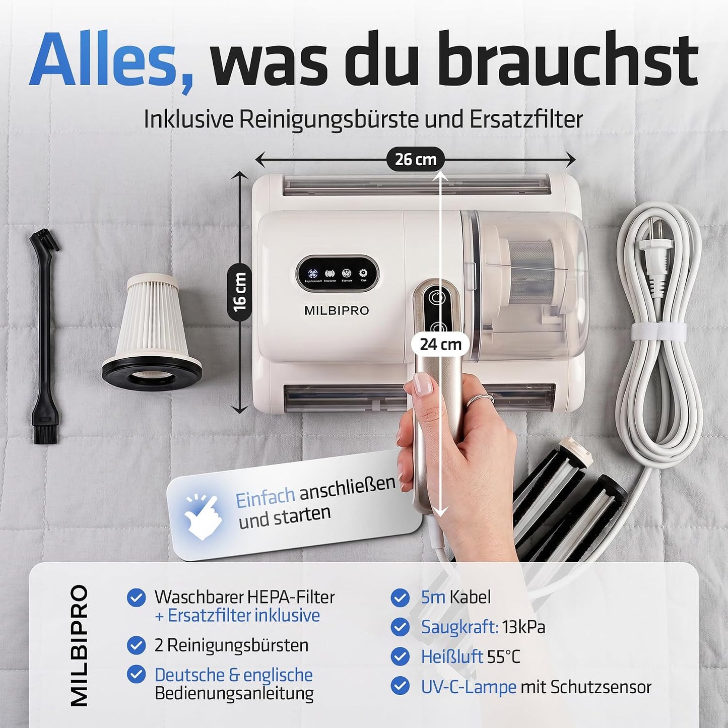 Milbensauger mit HEPA-Filter und UV-C Licht