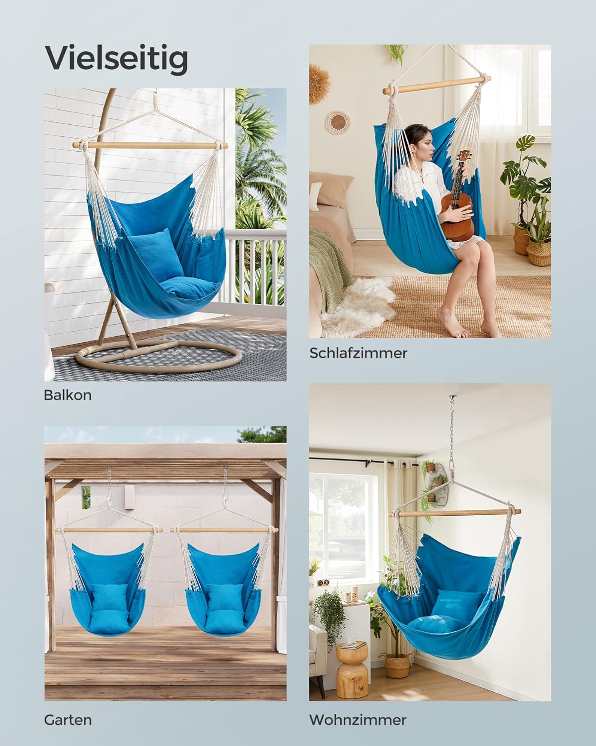Hängesessel mit Kissen, Meerblau Holzstange