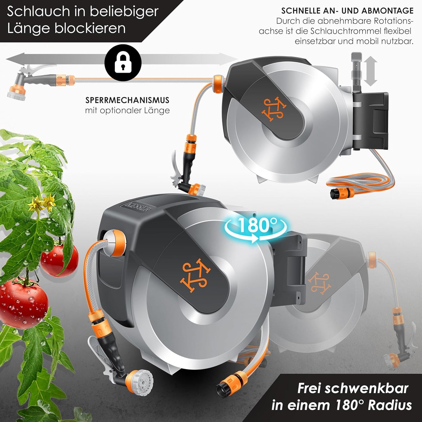 Schlauchtrommel mit Gartenschlauch, Hellgrau / Grau 35m