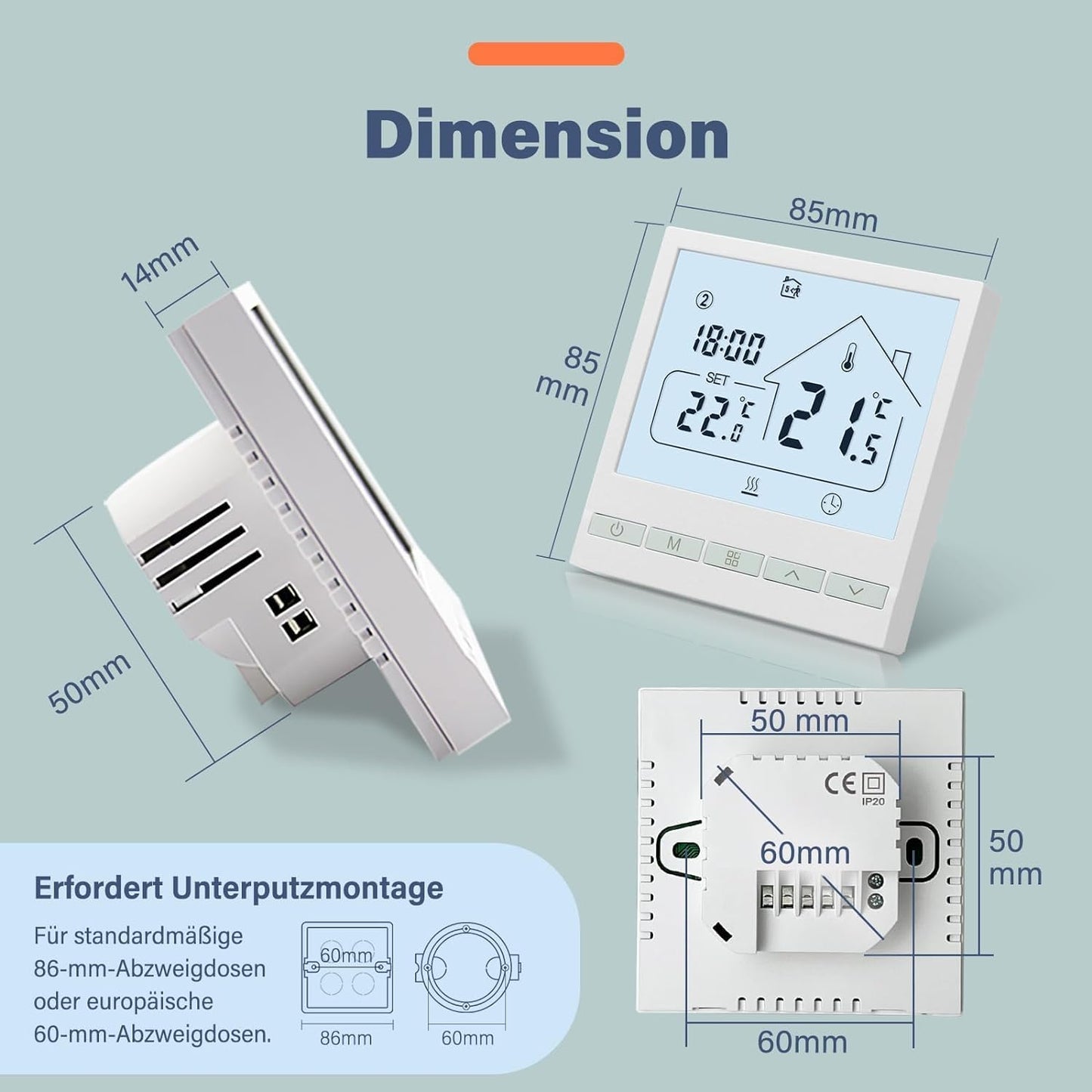 Raumthermostat - TOL47-WP, Wasserheizung Thermostat, 1Stk_No-WIFI