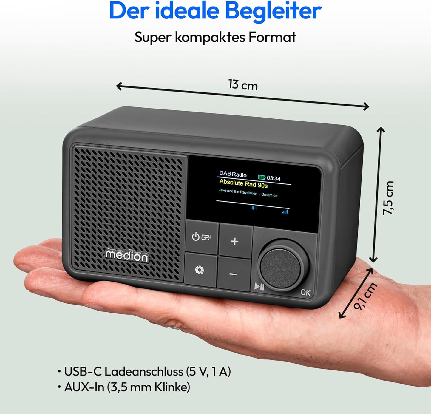Tragbares Mini DAB+ Radio mit Bluetooth, grau