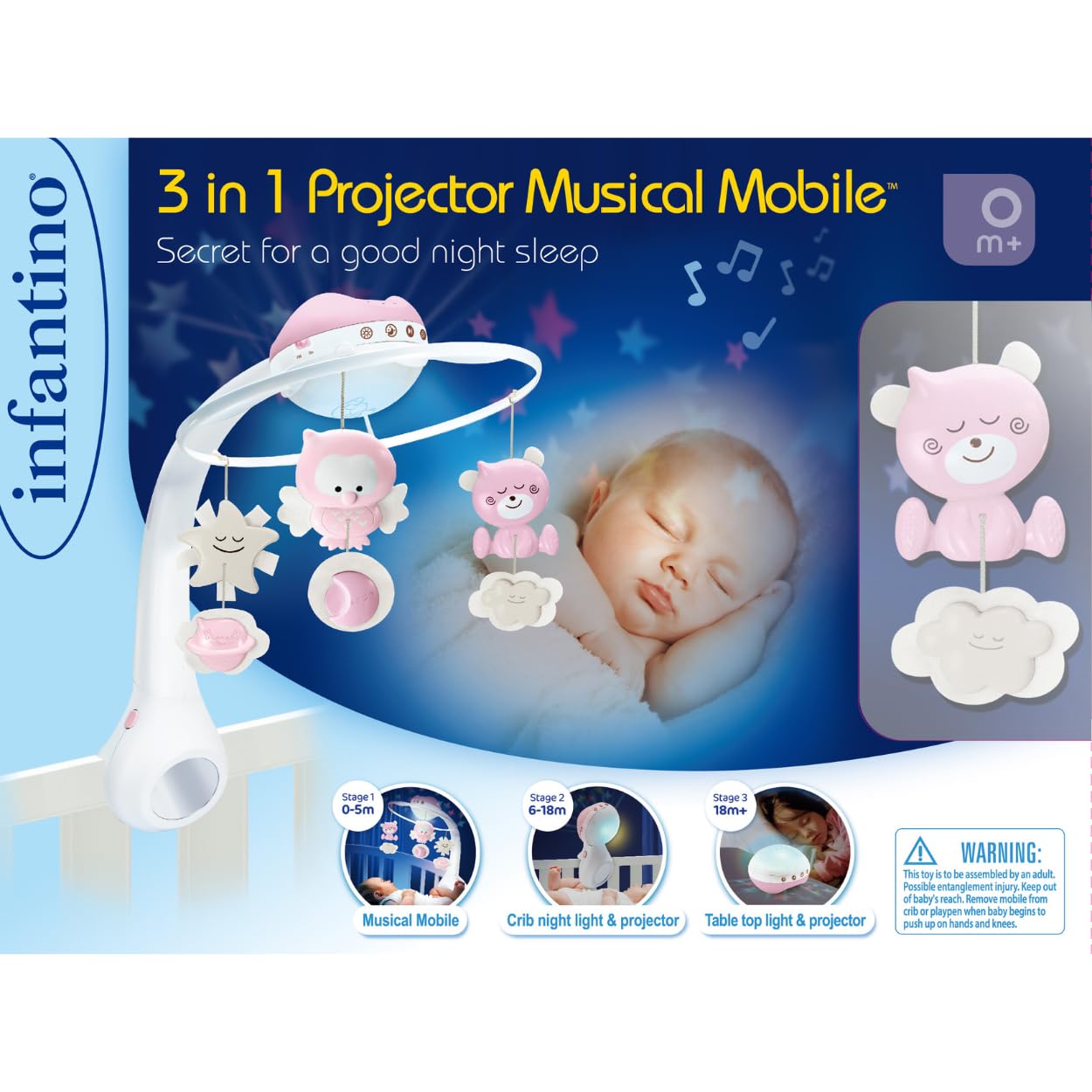 3-in-1 Musik-Mobile mit Lichtprojektor, Pink