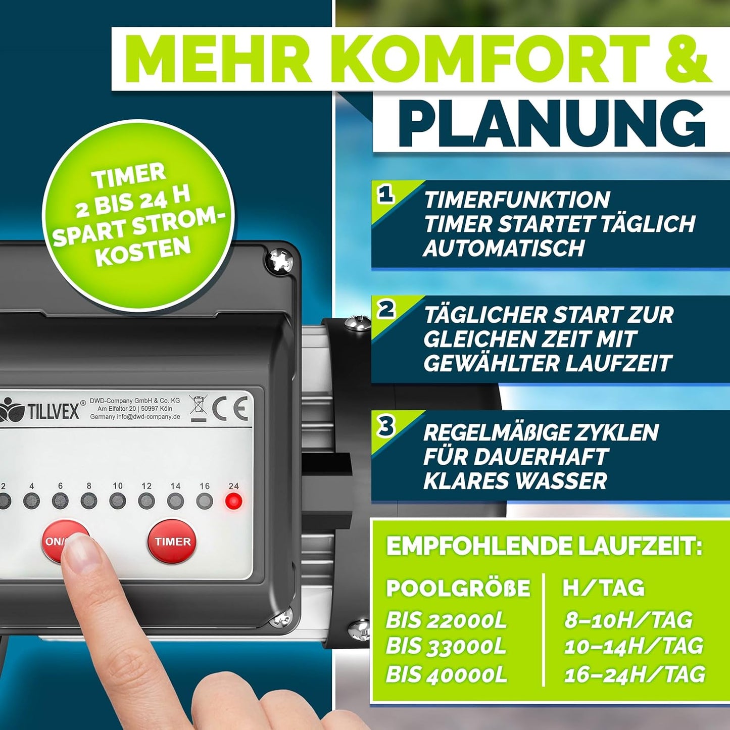 Filterpumpe mit Timer für Pools bis 33m³, Mit Timer 8.500 L/h - bis 33 m³ Pools