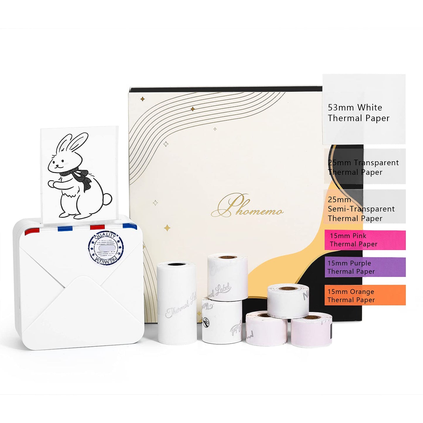 Mini-Thermodrucker-Set, Weiss, 1 Drucker + 6 Rollen Papier