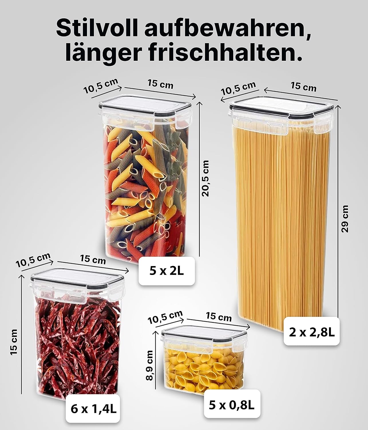 Vorratsdosen-Set mit Deckel, 18 Set Schwarz, 4 Grössen