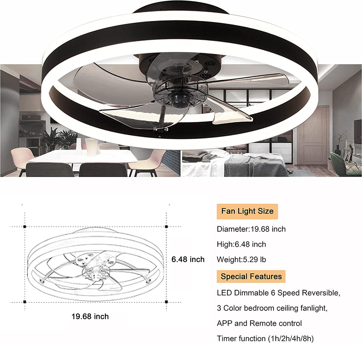 Deckenventilator mit Beleuchtung, Deckenventilator mit Licht, Black