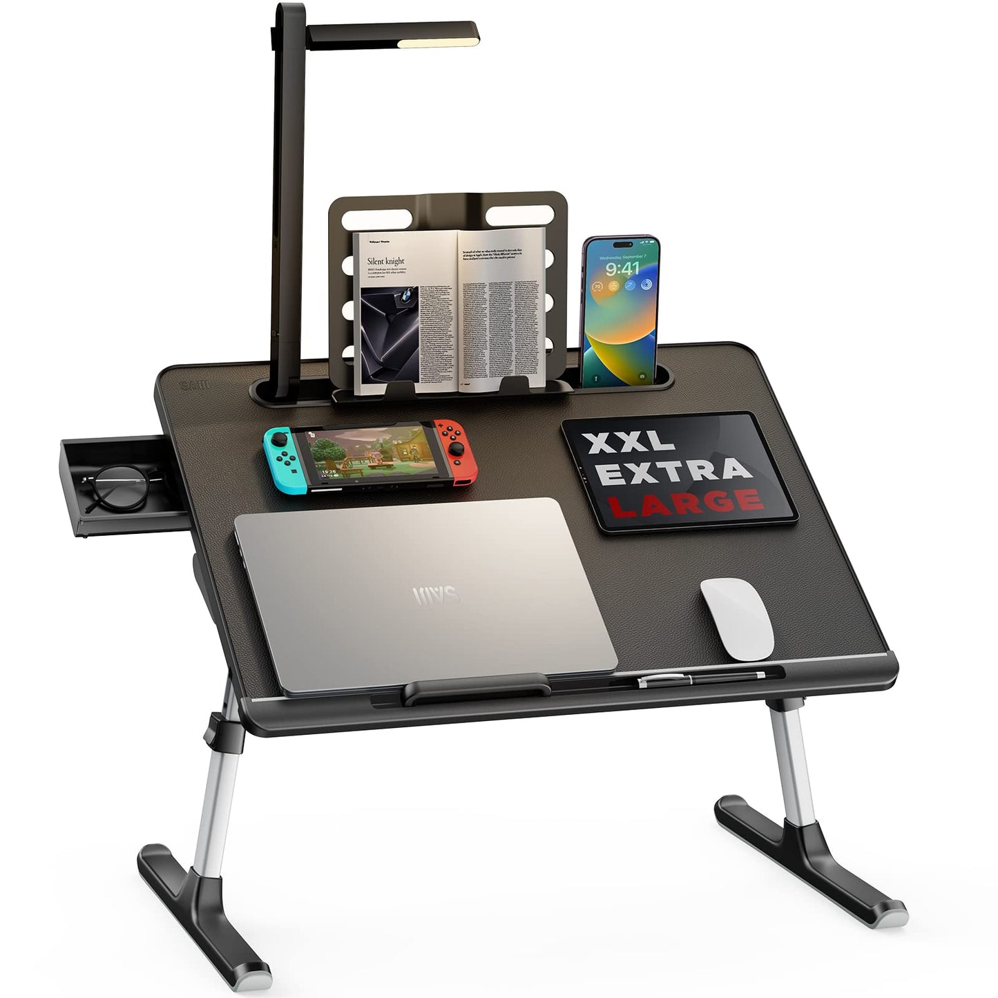 Laptoptisch mit LED Lampe, Schwarz, 60*45cm