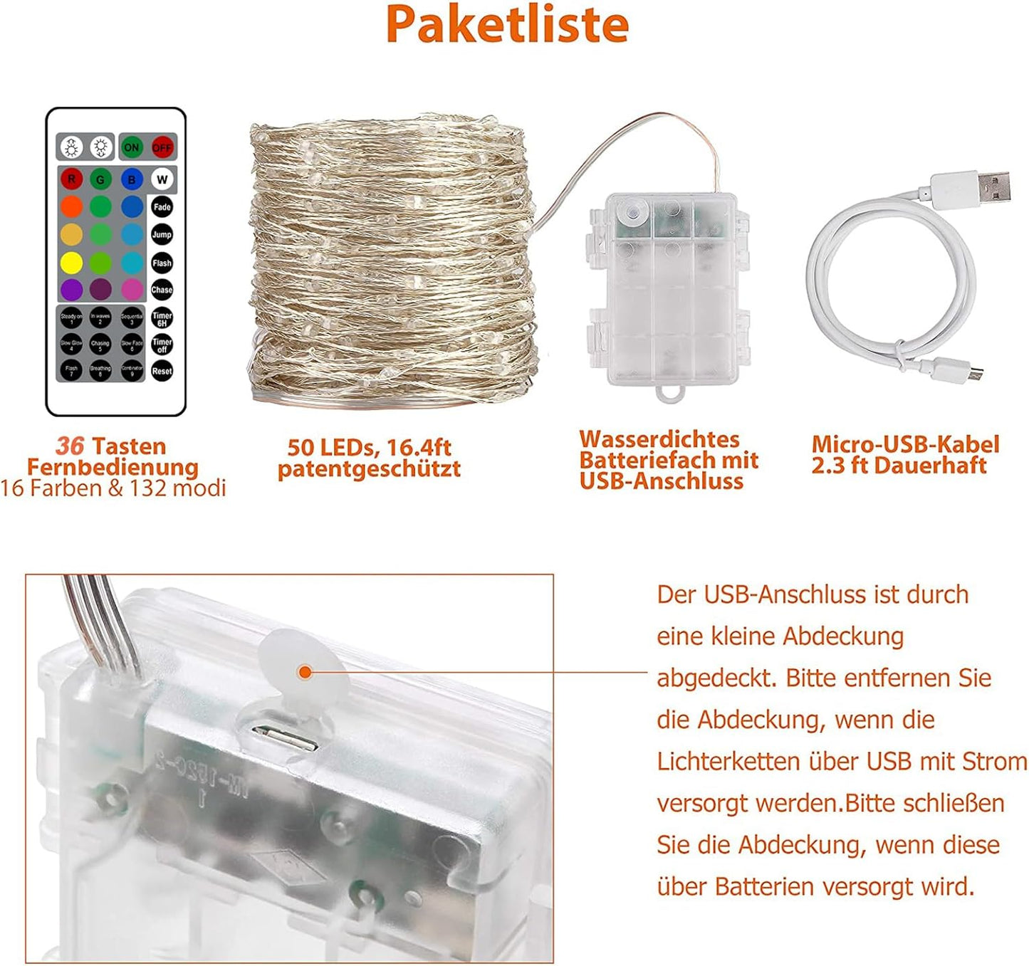 LED Lichterkette, 5M Batterie & USB