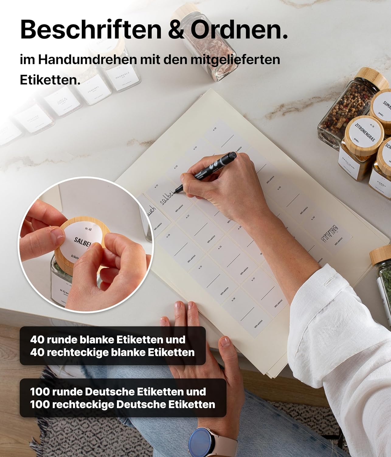 Gewürzgläser-Set mit Schraubkappe, 36 Stk., Holzdeckel, Weiss