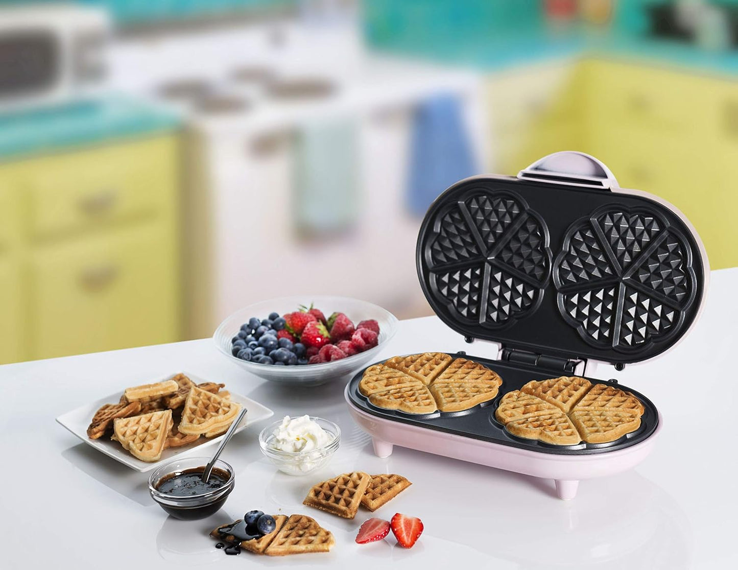 Doppel-Waffeleisen für Herzwaffeln mit Antihaftbeschichtung, Rosa