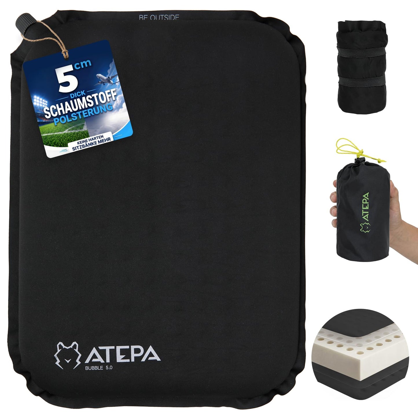Selbstaufblasendes Sitzkissen für Outdoor und Büro, Schwarz 1er Pack 38 x 28 x 5 cm