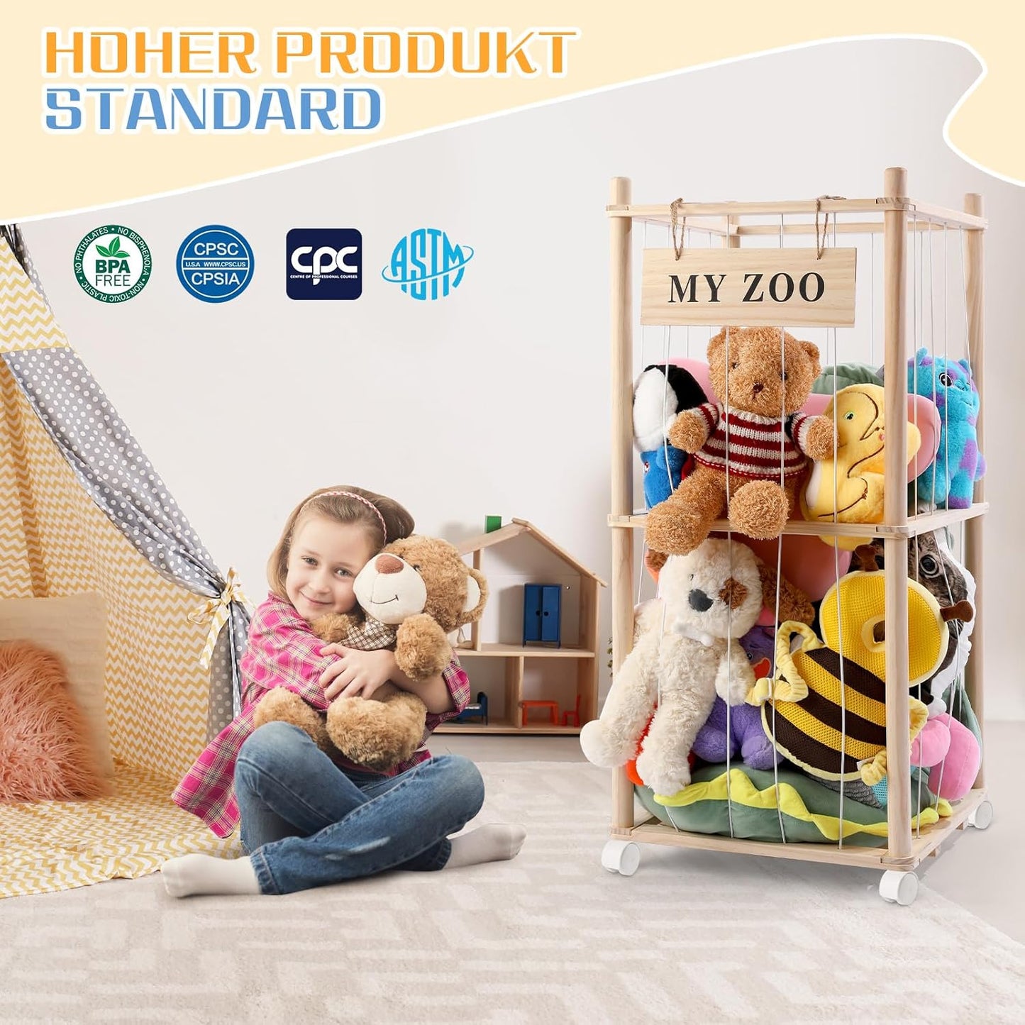 Kuscheltier-Aufbewahrung mit 360° Rollen & Bremse, klein Burlywood