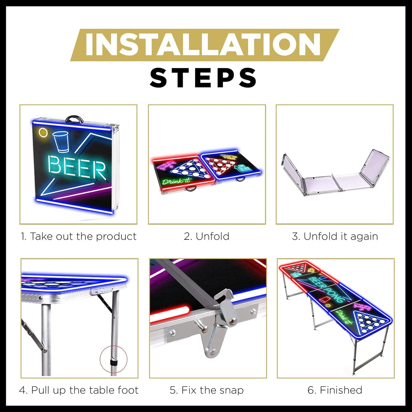 Beer Pong Komplettset mit Leucht-Accessoires, Tisch + Light Kit