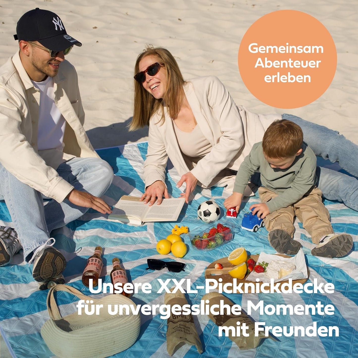 Extra grosse, wasserabweisende Picknickdecke, 200x200 cm, Sonne Blau