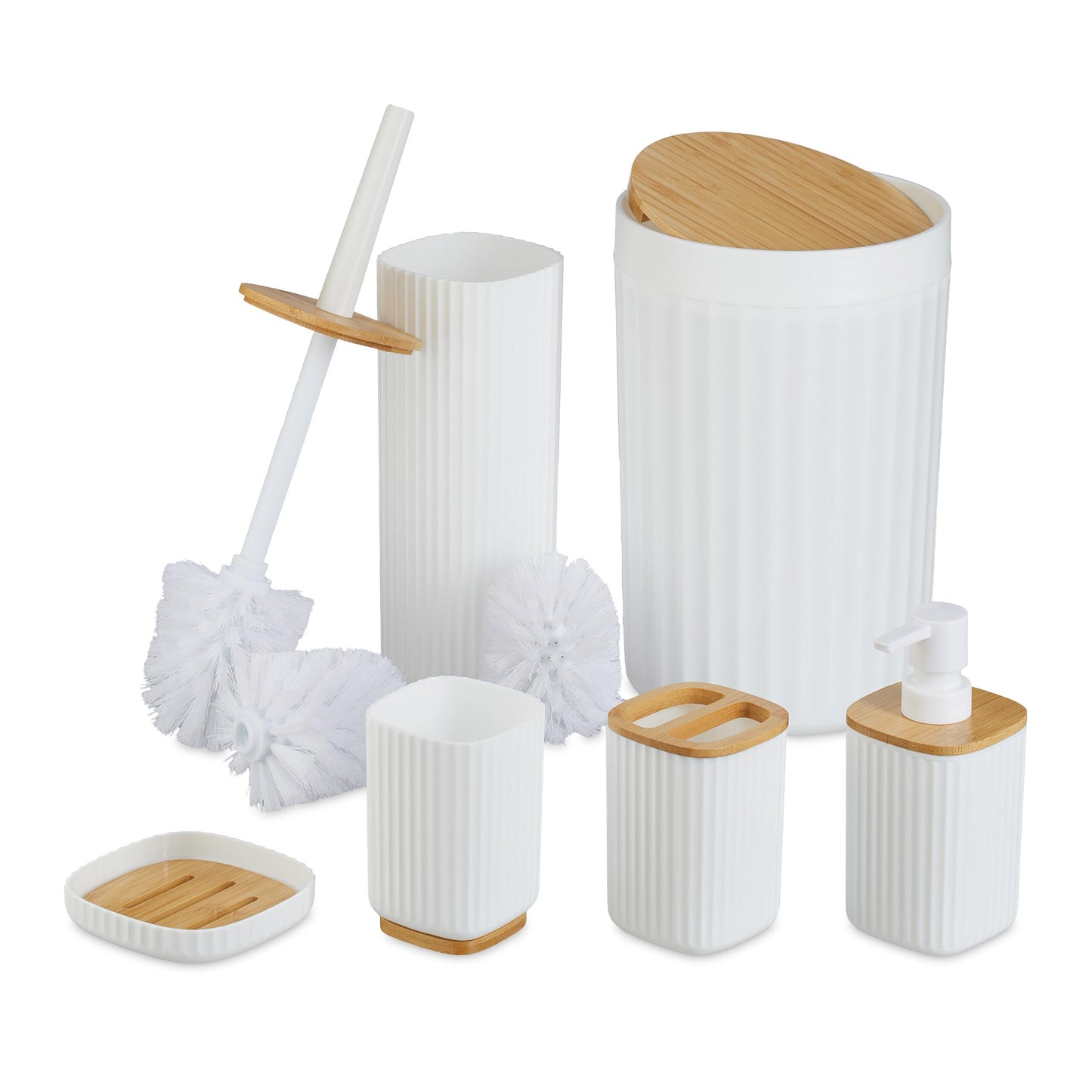 6-teiliges Badezimmer-Zubehörset, Weiss/Natur
