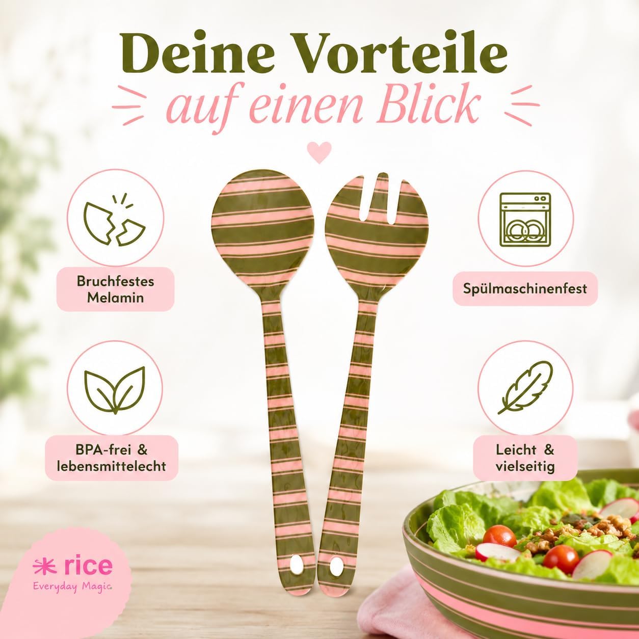 Salatbesteck aus Melamin, Streifen