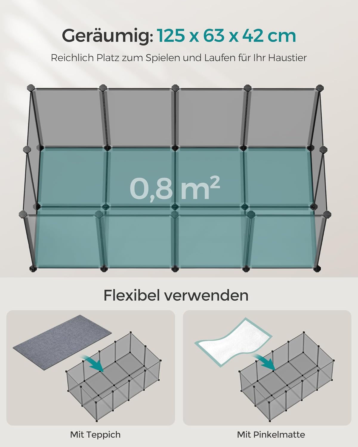 Freigehege Laufstall für Kleintiere, 125 x 63 x 42 cm, S (125 x 63 x 42 cm), Grau