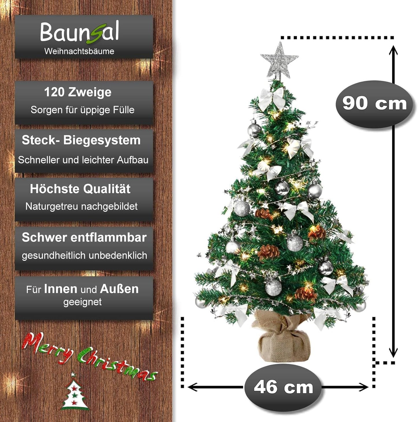 Künstlicher Weihnachtsbaum mit Deko & LED-Lichtern, 90 cm / Grün-silber-braun+warmweiss