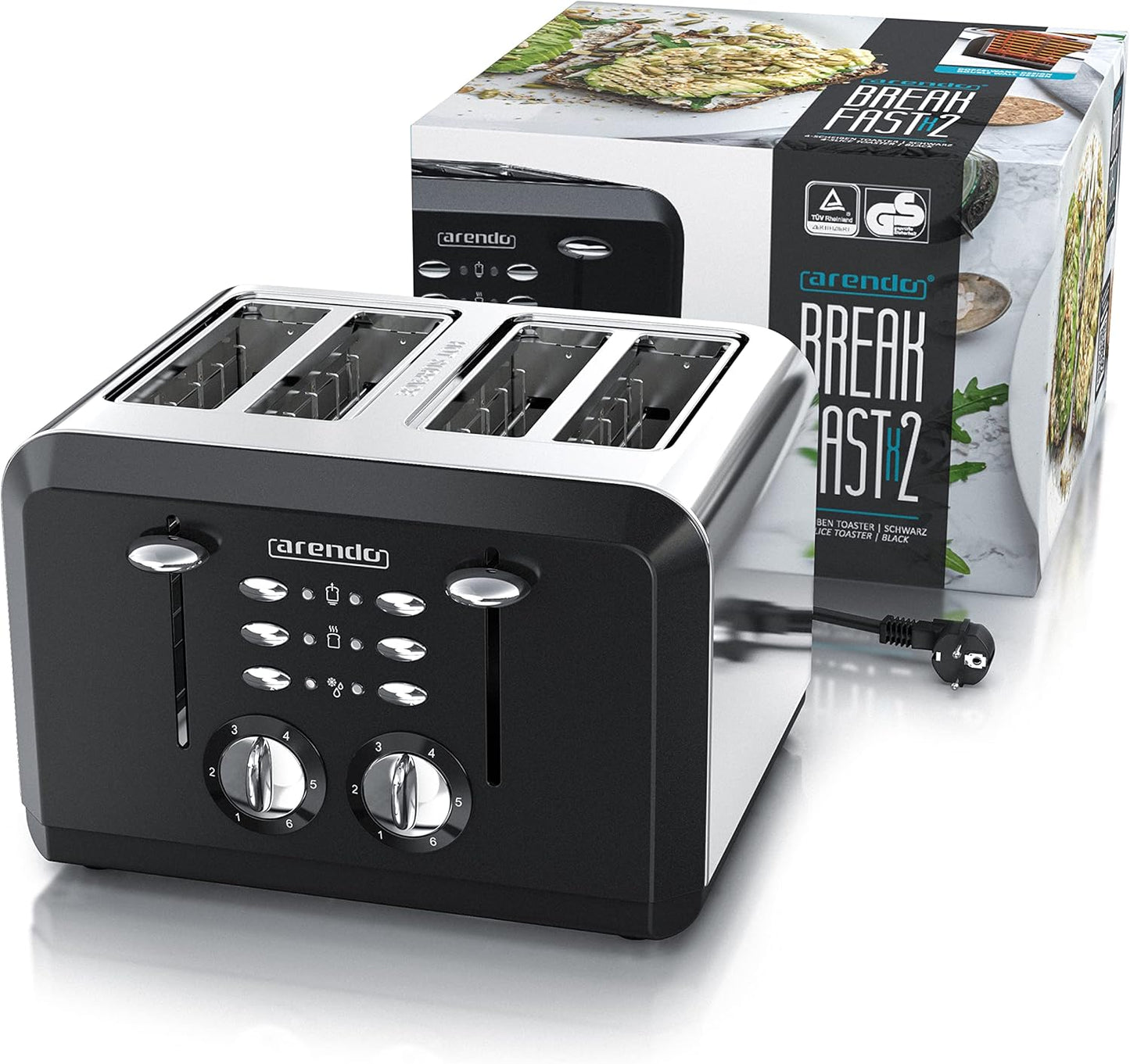 Breakfast X2 Toaster für 4 Scheiben, mit Auftau- Aufwärm- und Stoppfunktion, B: Schwarz