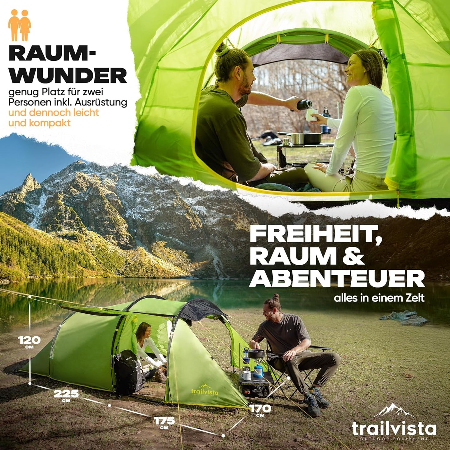 Tunnelzelt für 4 Personen mit Vorzelt, grün - 2 Personen