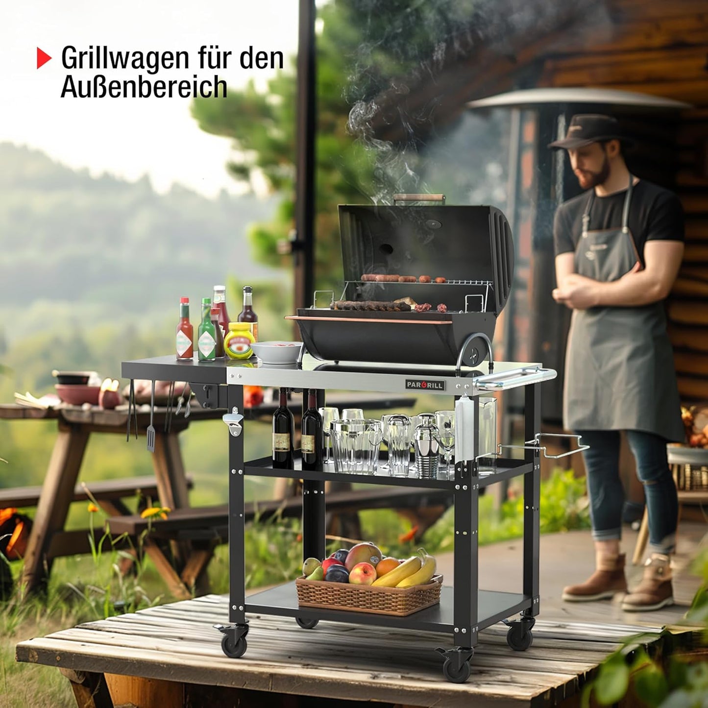 Grillwagen mit klappbarem Beistelltisch und Rollen