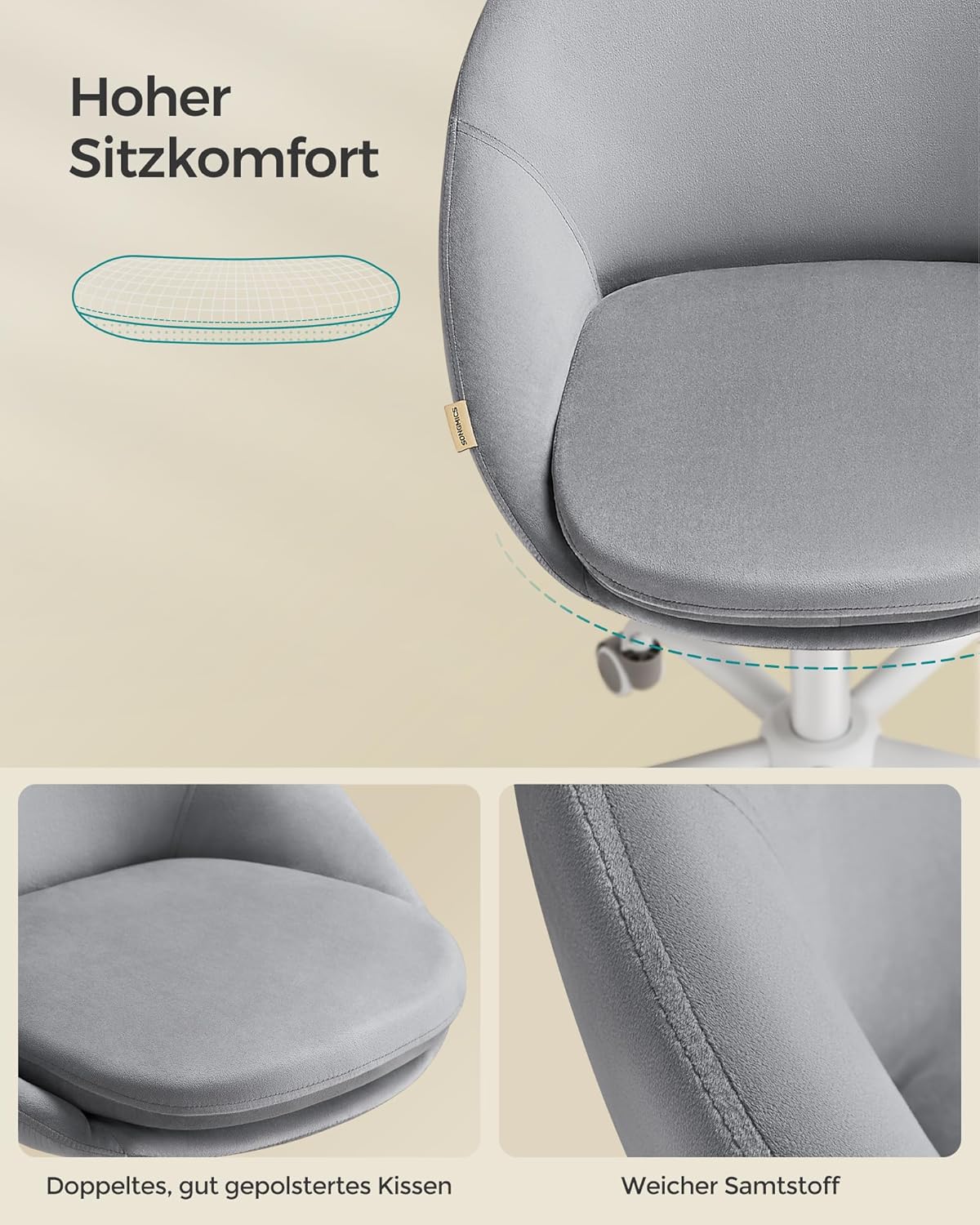 Höhenverstellbarer Homeoffice-Stuhl, Taubengrau Samt