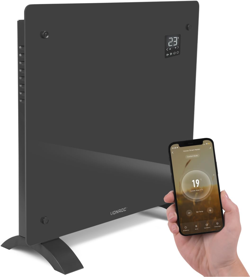 Konvektor-Heizung für Wand-/Bodenmontage mit App-Steuerung, 1000W, Grau
