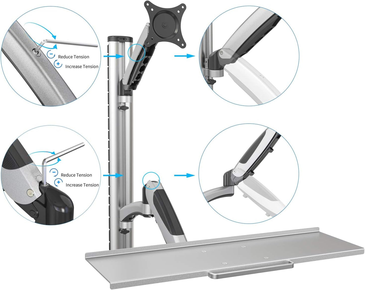 Flexible Monitorhalterung mit Tastaturablage, Halterung mit Tastaturablage Bis 27" | Max.: 6 kg | VESA: 75x75 bis 100x100 mm Silber