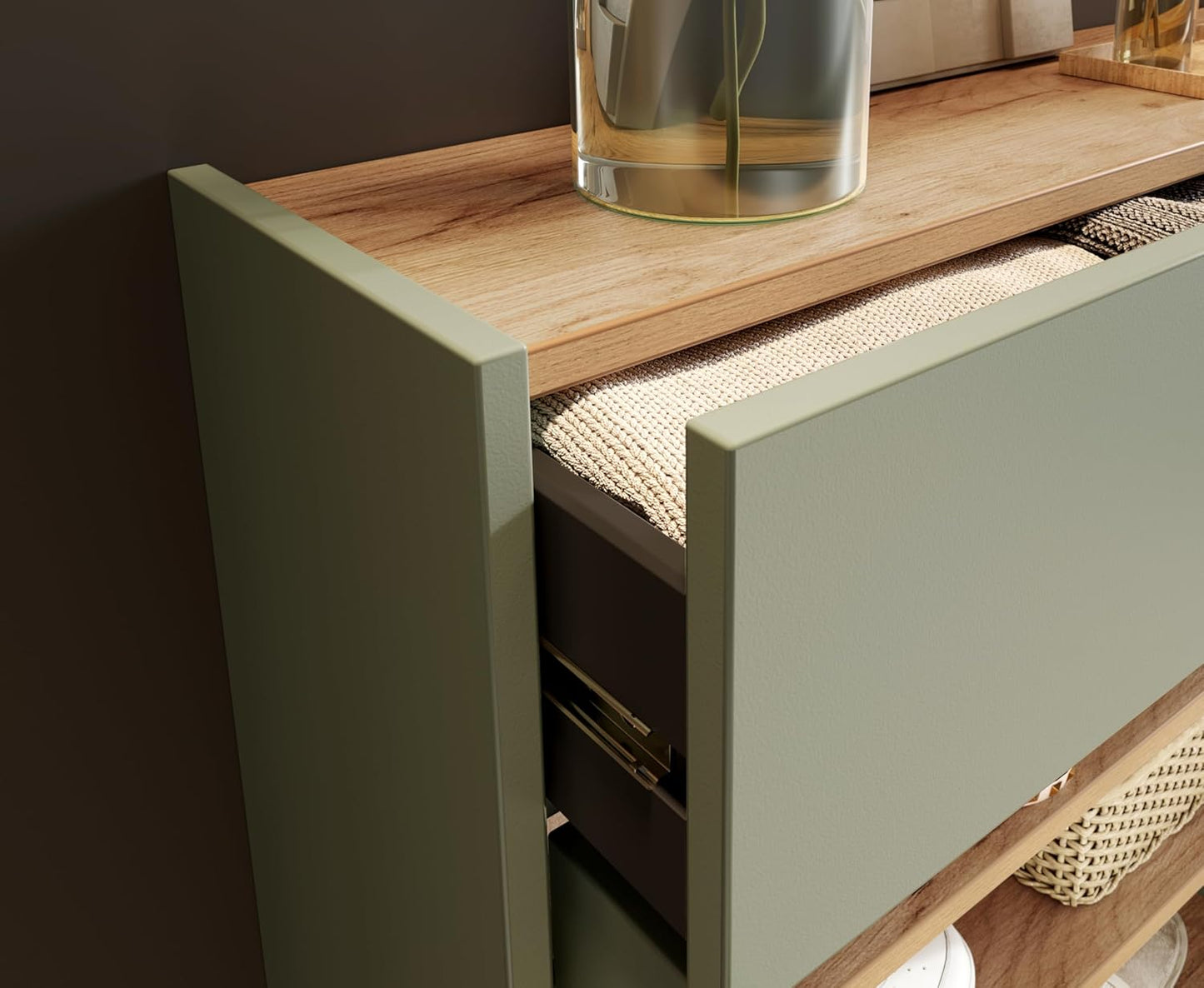Hängender Schuhschrank, Schuhschrank Schmal Taupegrün/Eiche