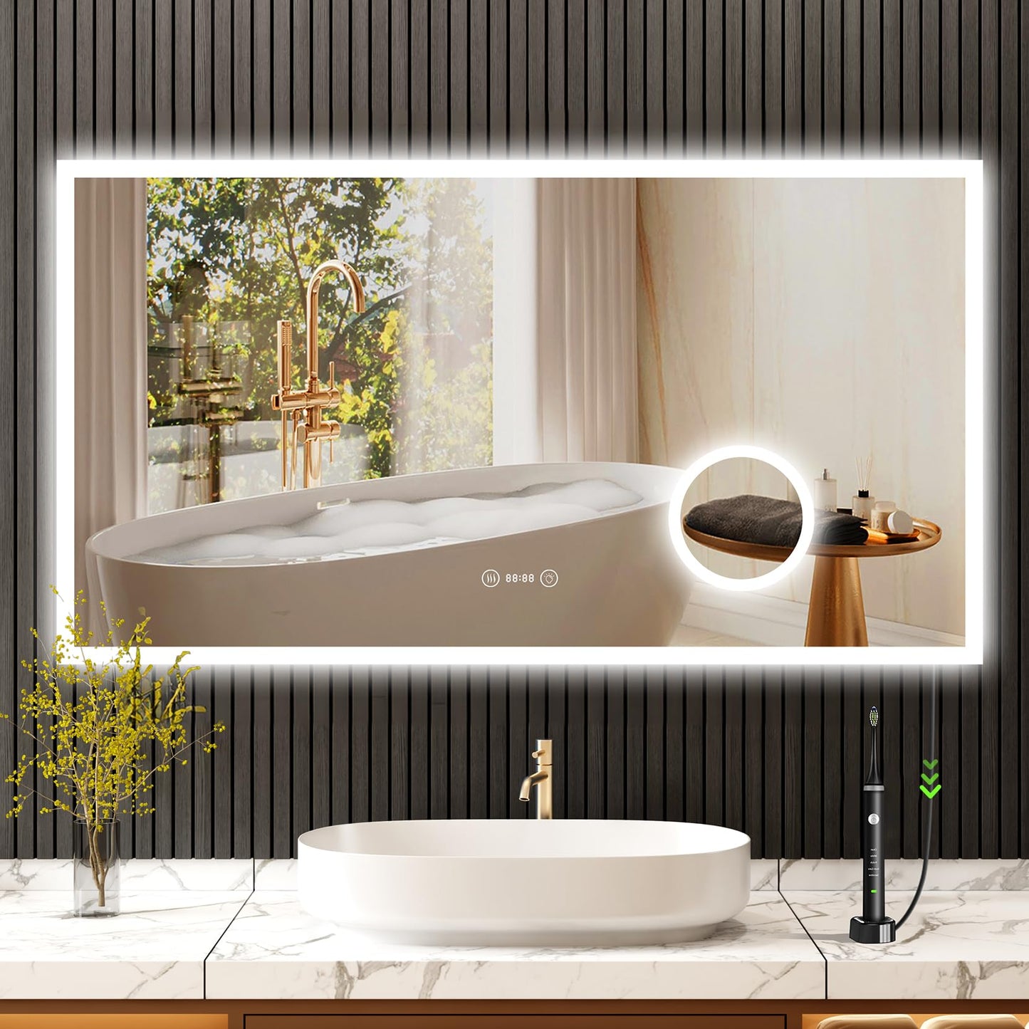 LED-Badspiegel mit Uhr und Schminkspiegel, 60L x 100B cm mit Uhr