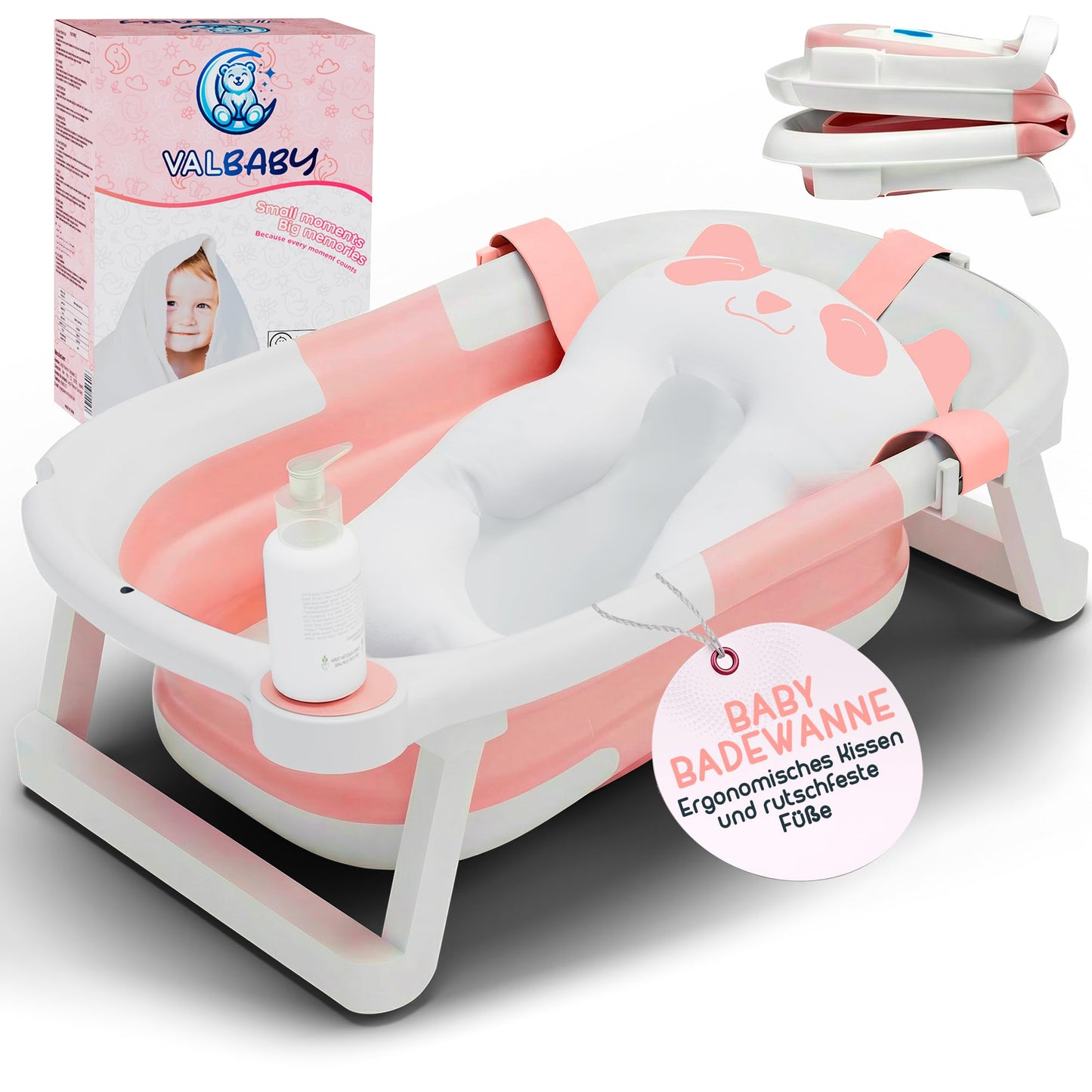 Faltbare Babybadewanne mit Kissen, Rosa