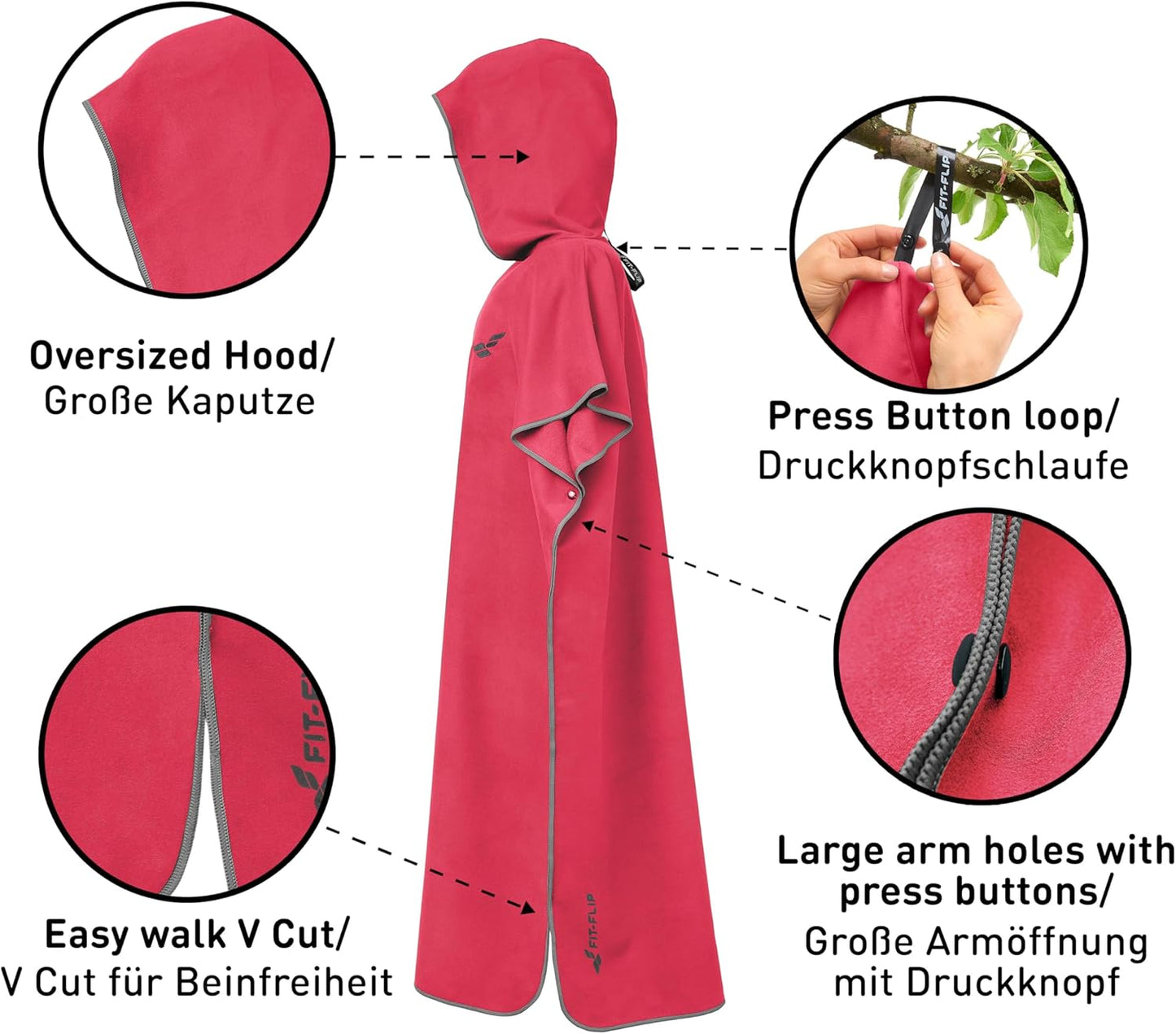 Badeponcho mit Kapuze, schnelltrocknend, 01-Medium 17 - Koralle - Grau