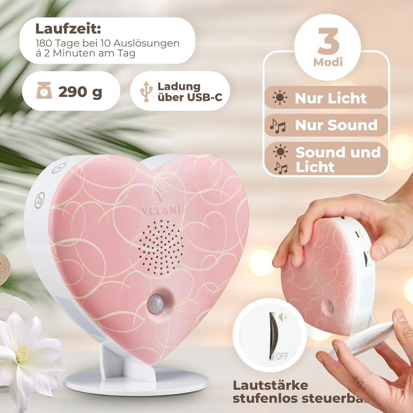 Naturgeräusche-Box mit Bewegungsmelder, Pastell-rosa Herz