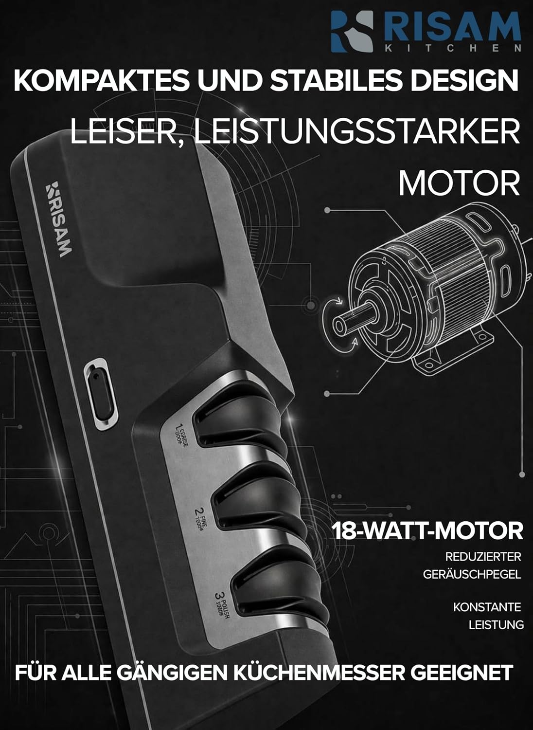 Elektrischer Messerschärfer mit 3-Stufen-Schleifsystem, Anthrazit