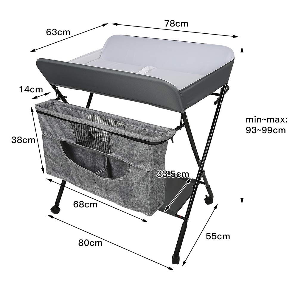 Klappbare Wickelkommode mit Sicherheitsgurt, 80*63*93-99 cm (grau)