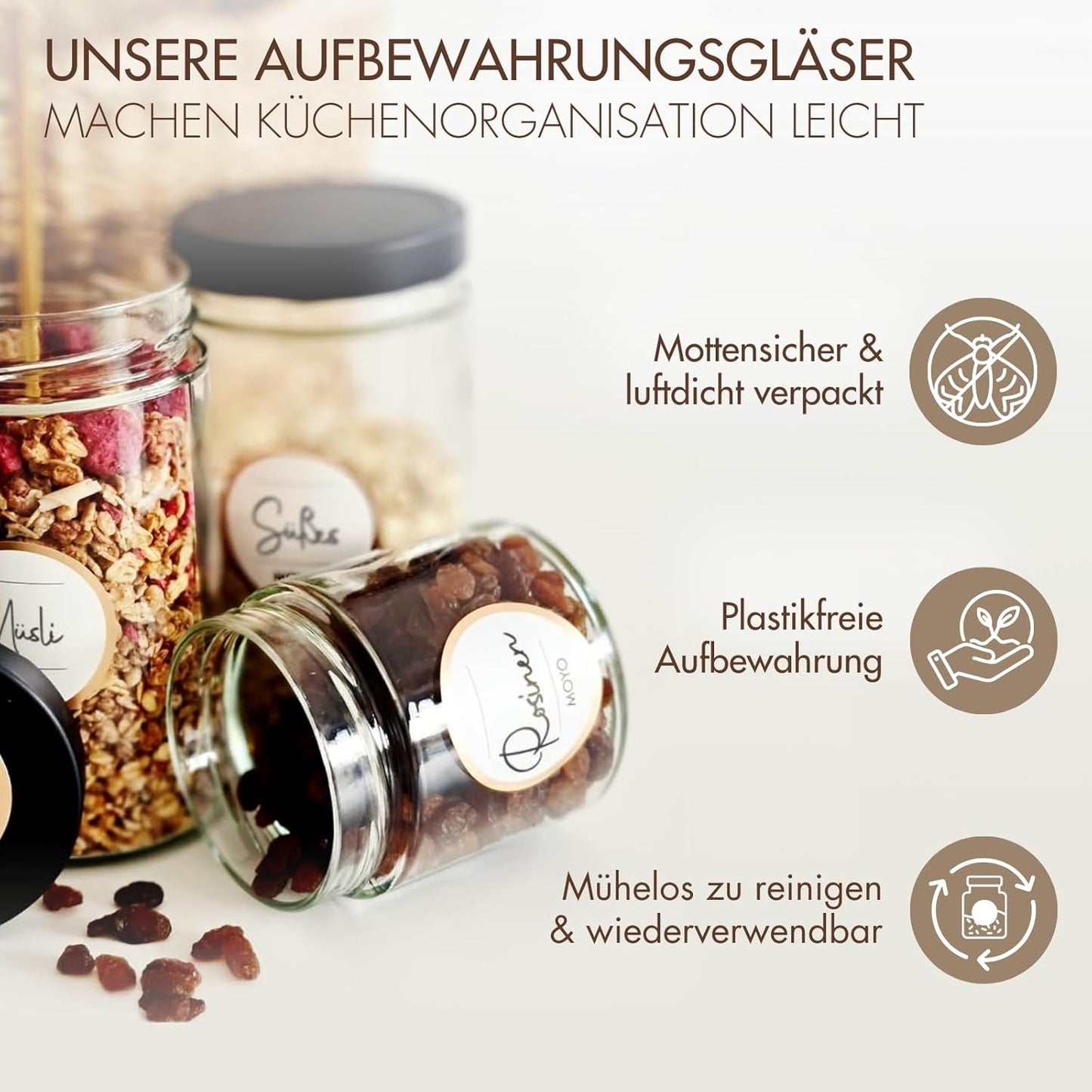 3er Set Vorratsgläser mit Deckel, 3 x 720ml