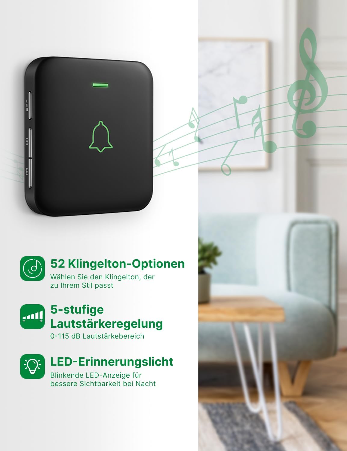 Kabellose Türklingel, 1 receiver + 1 push Schwarz