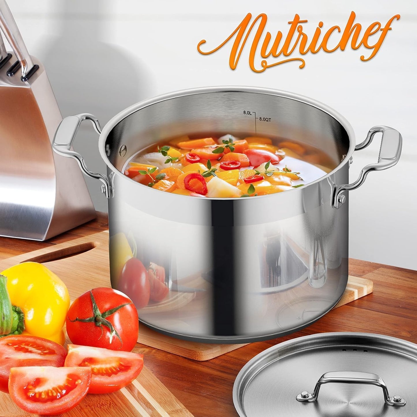 Induktionstopf Edelstahl 8 L mit Deckel, 8 Liter
